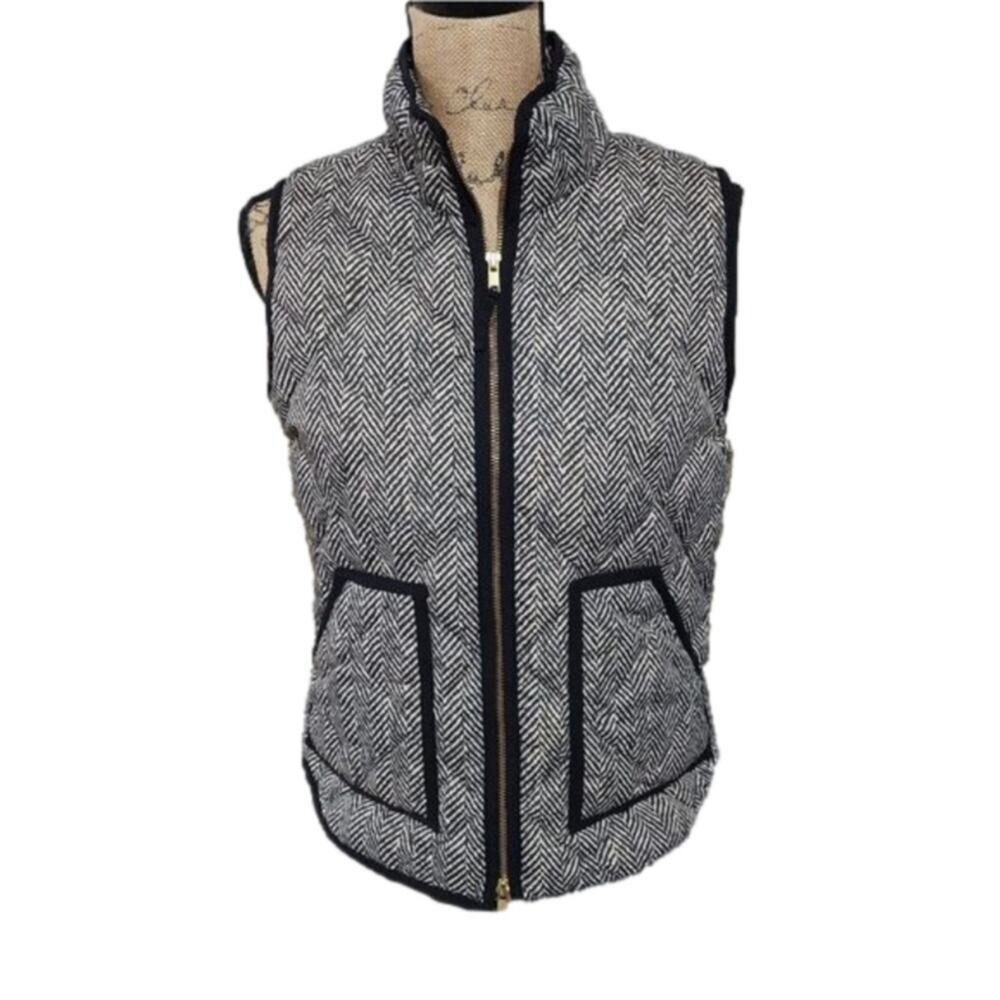 J. CREW‎ Herringbone Puffer Vest Black White Sleeveless Quilted Padded Winter